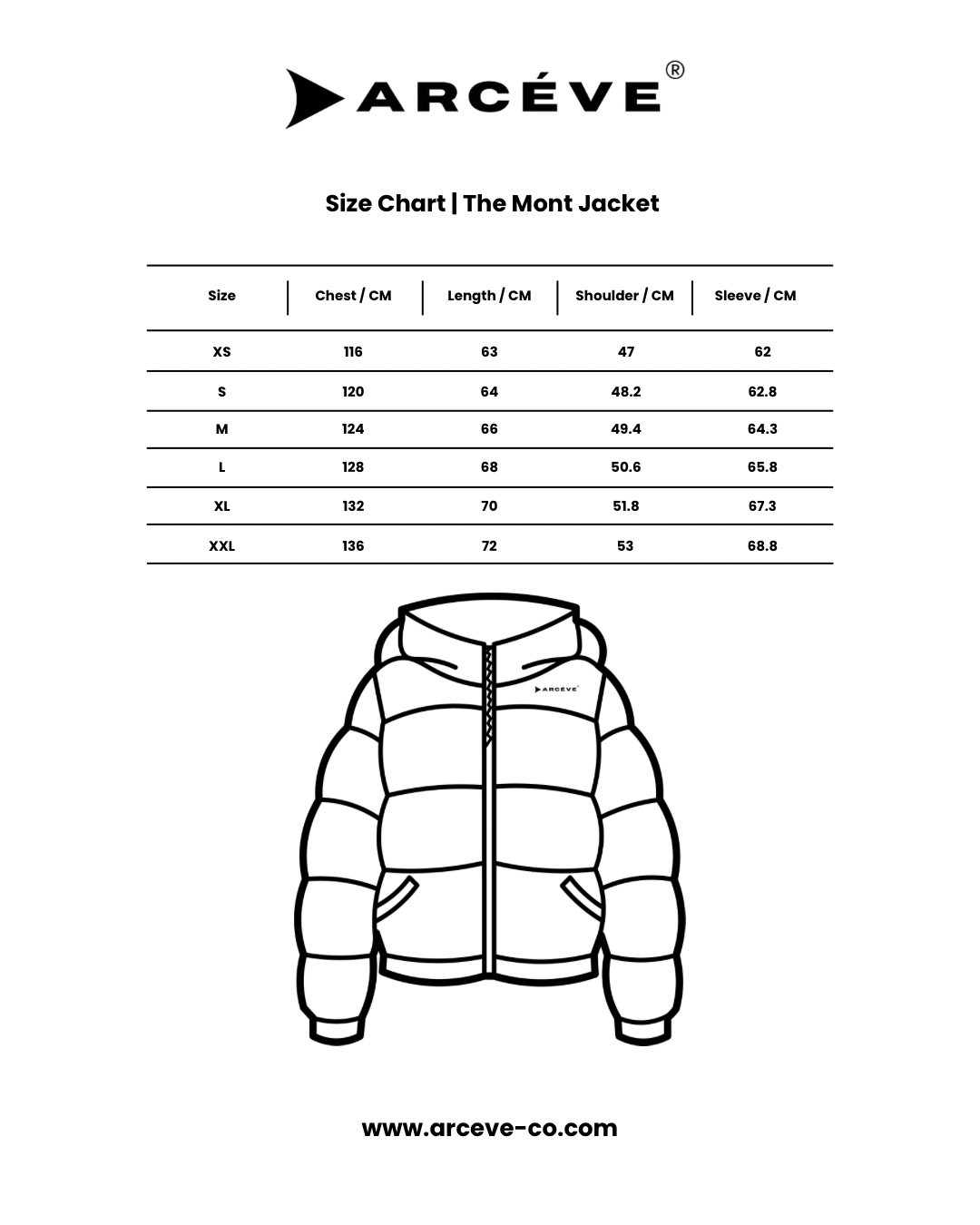 Arcéve Size chart The mont short down jacket